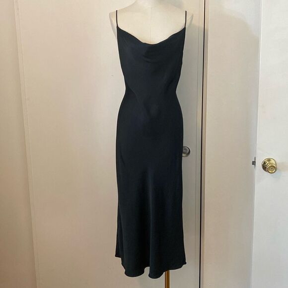 Zara Dark Green Satin Effect Cowl Neck Midi Dress Size Small - Picture 2 of 12